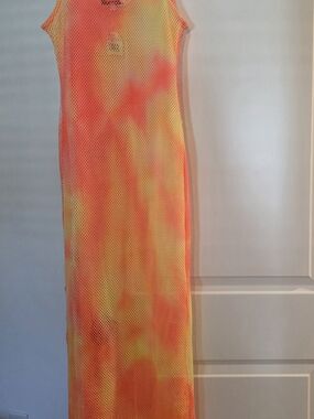 Neon Orange & Yellow Mesh Maxi Dress